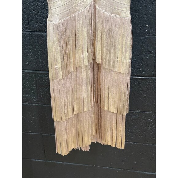 HERVE LEGER Paris V NECK FOIL FRINGED MIDI DRESS - Picture 9 of 9